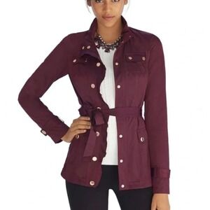 White House Black Market Ruffle Tie Waist Silky Twill Parka Jacket Size 6 Purple